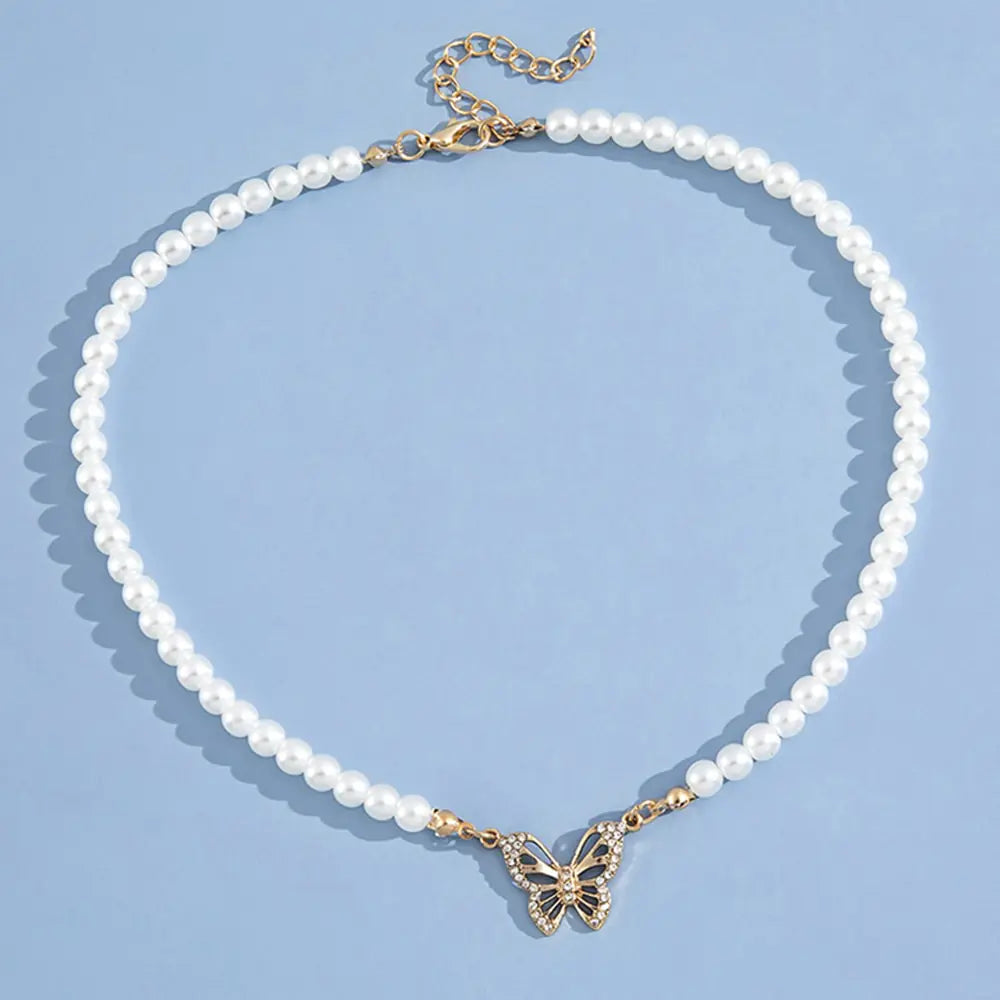 Rhinestone Butterfly Pendant Pearl Necklace Chucaessentials