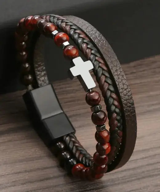 Men Cross Leather Bracelet