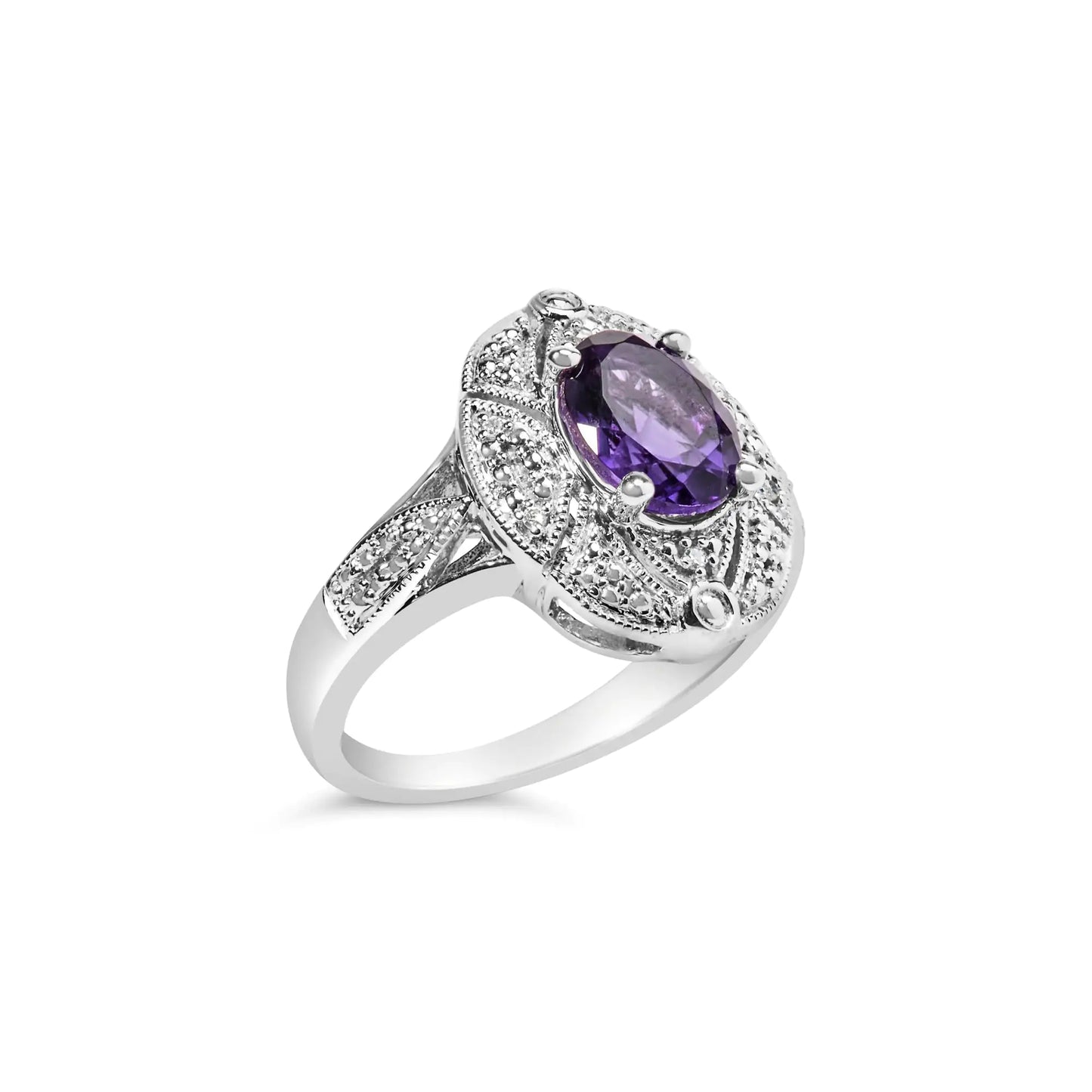 .925 Sterling Silver 9x7mm Oval Purple Amethyst and Round Diamond Accent Fashion Cocktail Ring