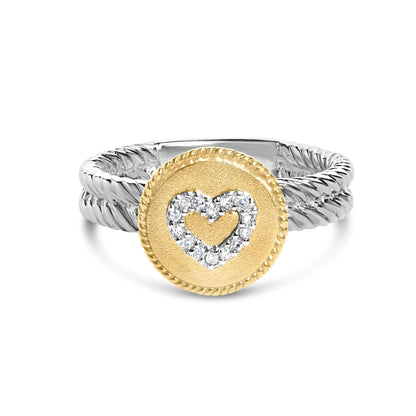 18K Yellow Gold Plated .925 Sterling Silver Diamond Heart Ring with Satin Finish