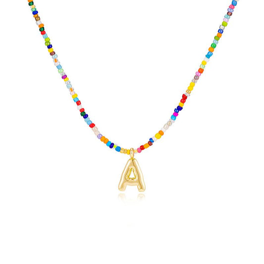 Trendy Colorful Bead Necklace with Initial Letter Pendant – 18K Gold Plated