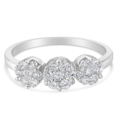 14K White Gold Three-Stone Cluster Diamond Ring 0.7 Cttw for Women