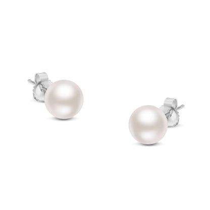 14K Gold Round White Saltwater Akoya Cultured Pearl Stud Earrings Women