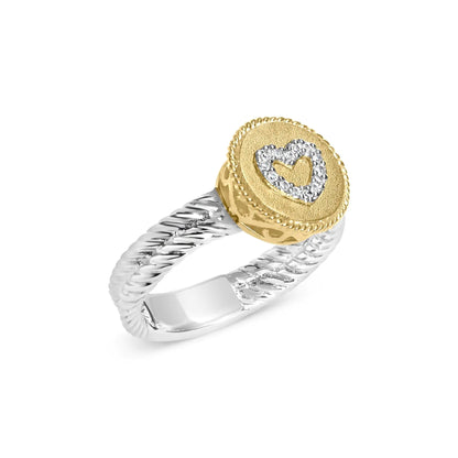 18K Yellow Gold Plated .925 Sterling Silver Diamond Heart Ring with Satin Finish