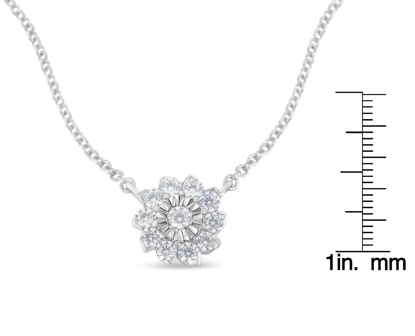 .925 Sterling Silver 1/2 Cttw Diamond Miracle Set Flower Cluster Pendant Necklace with Cable Chain - 18”