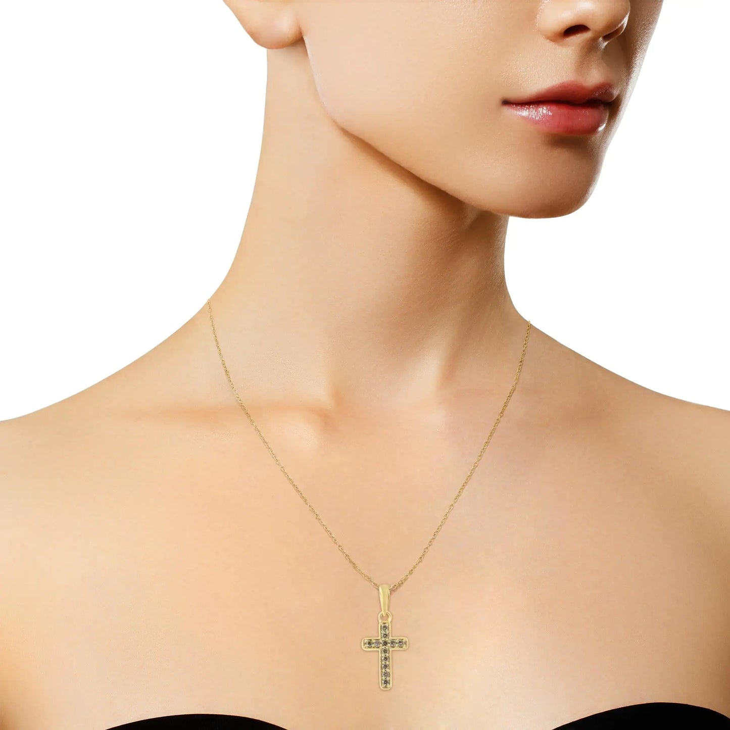 10K Yellow Gold Flashed .925 Sterling Silver 1/4 Cttw Champagne Diamond Cross Pendant Necklace - 18"