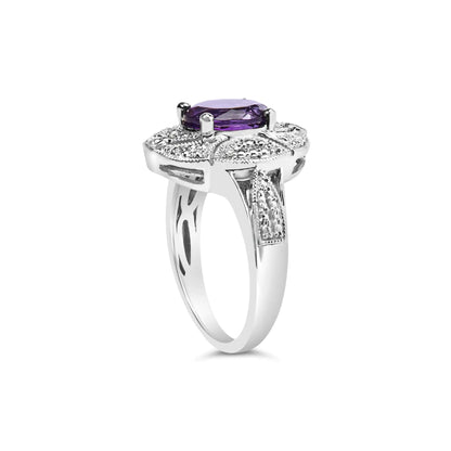 .925 Sterling Silver 9x7mm Oval Purple Amethyst and Round Diamond Accent Fashion Cocktail Ring