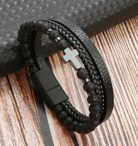 Men Cross Leather  Bracelet