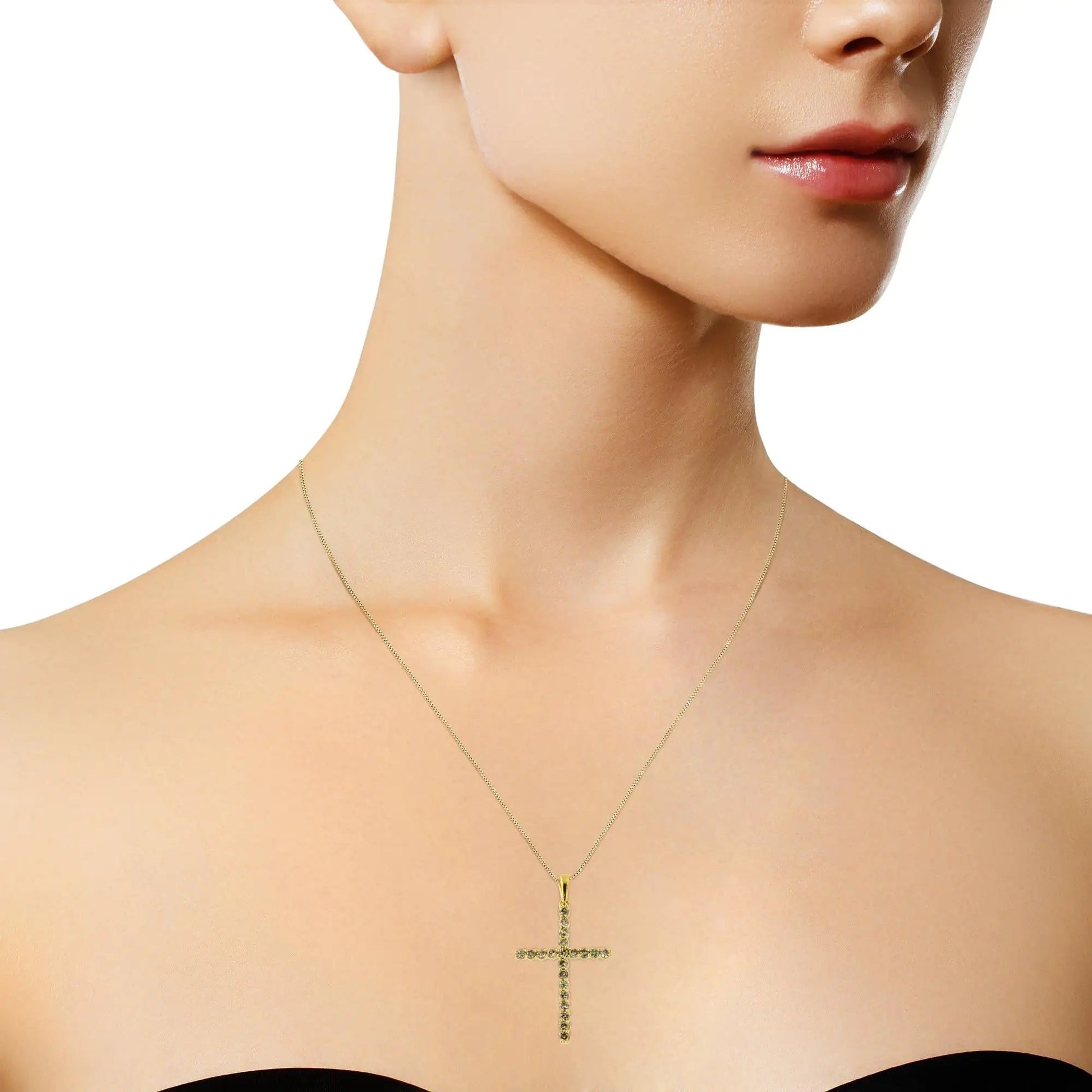 14K Yellow Gold Plated .925 Sterling Silver 1/2 Cttw Champagne Diamond Cross Pendant Necklace Chucaessentials
