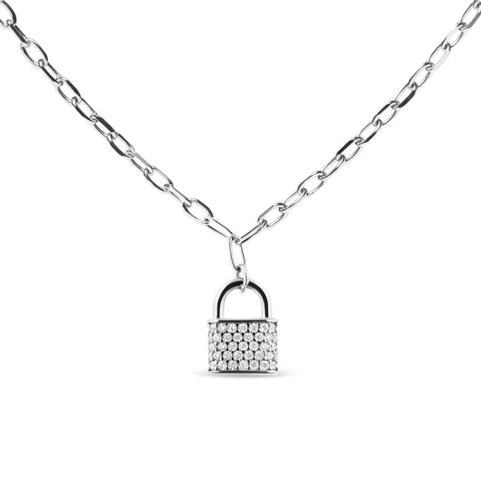 .925 Sterling Silver 1/4 Cttw Diamond Lock Pendant Necklace with Paperclip Chain