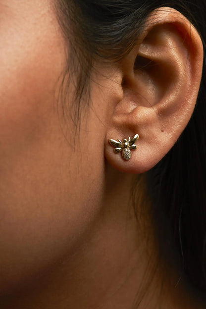 10K Yellow Gold Diamond Accented Bumble Bee Stud Earring.