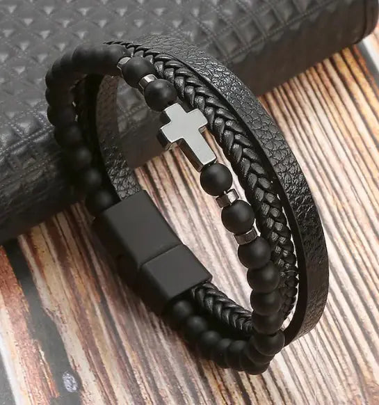 Men Cross Leather Bracelet
