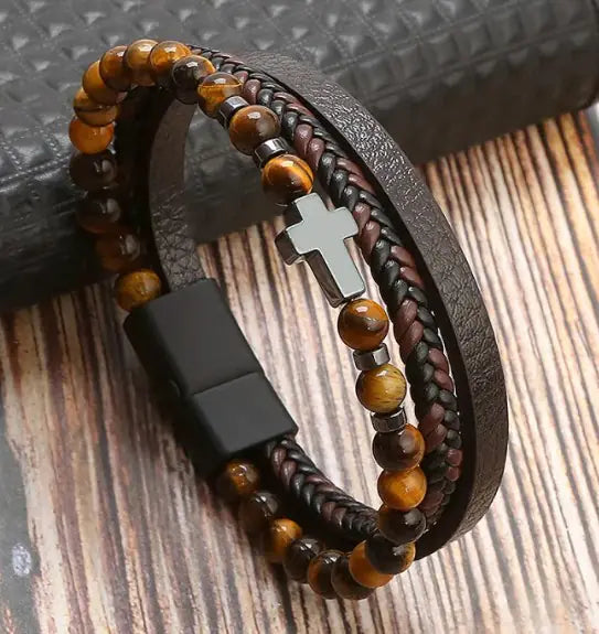 Men Cross Leather Bracelet
