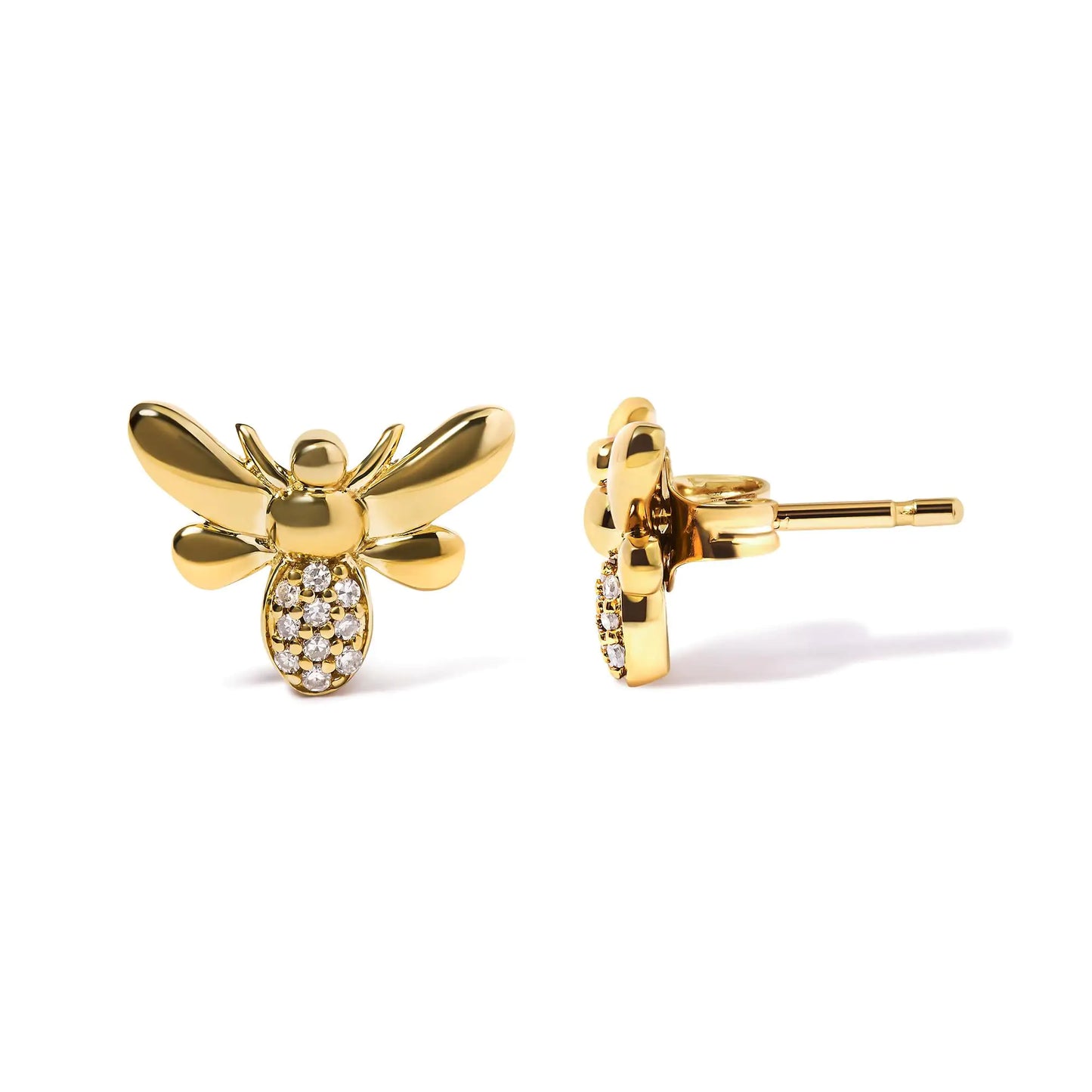 10K Yellow Gold Diamond Accented Bumble Bee Stud Earring.