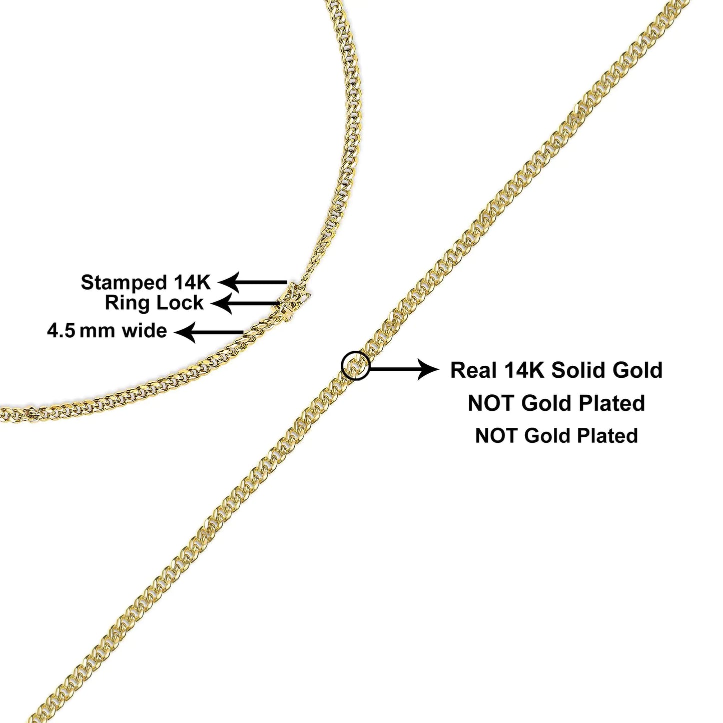 Gold-Solid 14K Yellow Gold 4.5mm Miami Cuban Chain Necklace - Men Chain