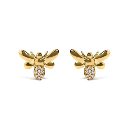 10K Yellow Gold Diamond Accented Bumble Bee Stud Earring.