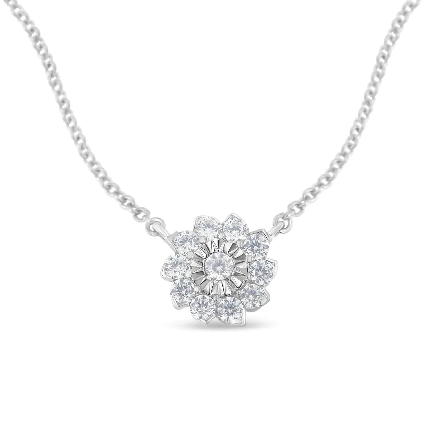 .925 Sterling Silver 1/2 Cttw Diamond Miracle Set Flower Cluster Pendant Necklace with Cable Chain - 18”