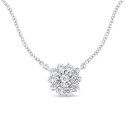 .925 Sterling Silver 1/2 Cttw Diamond Miracle Set Flower Cluster Pendant Necklace with Cable Chain - 18”