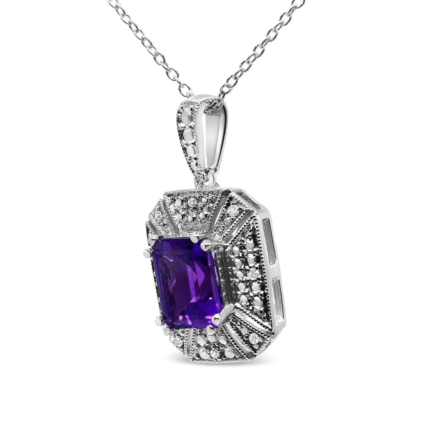 .925 Sterling Silver Purple Amethyst and Diamond Accent Art Deco Style 18" Pendant Necklace.