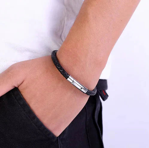 Woven Leather Men's Bracelets - Black Stainless Steel