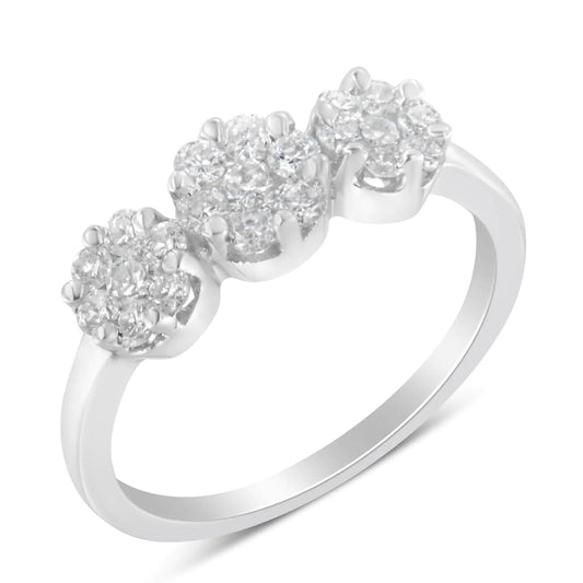 14K White Gold Three-Stone Cluster Diamond Ring 0.7 Cttw for Women