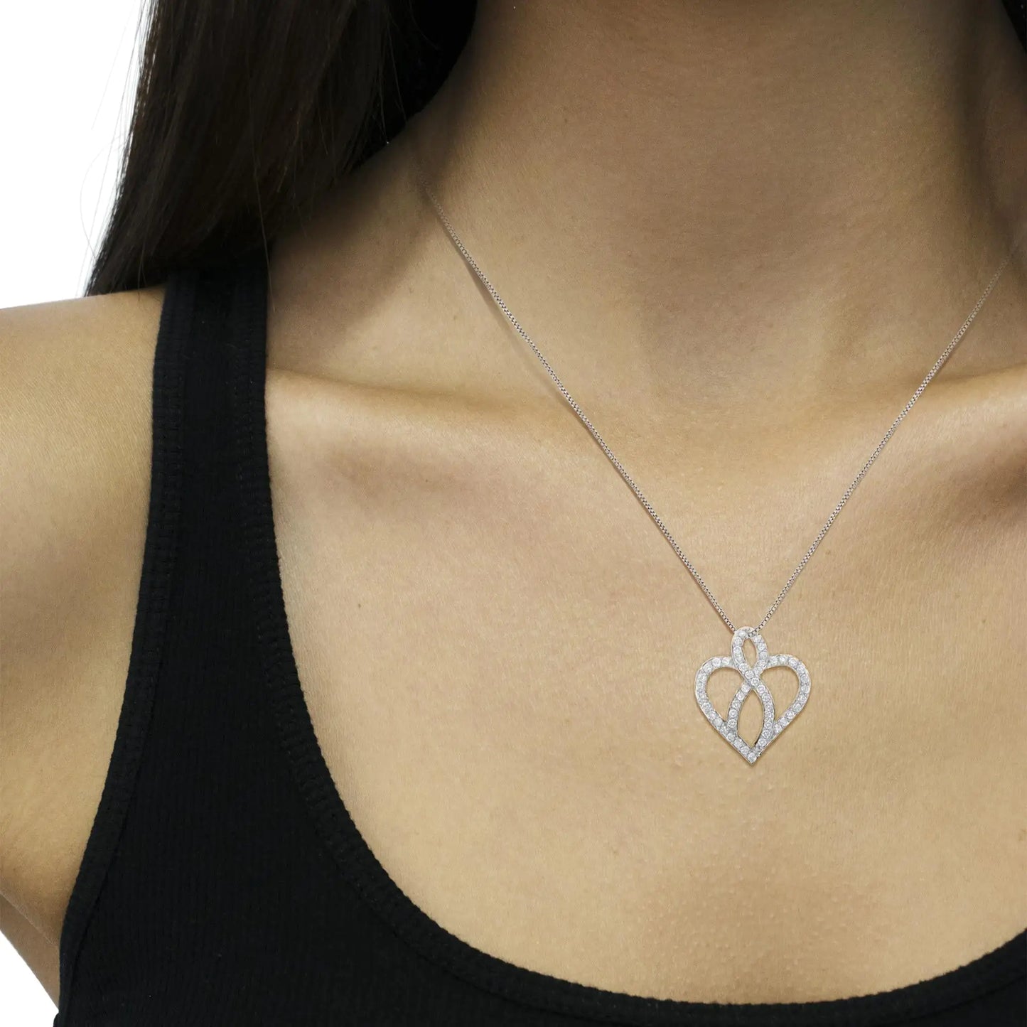 14KT White Gold 1 cttw Diamond Heart Ribbon Pendant Necklace.