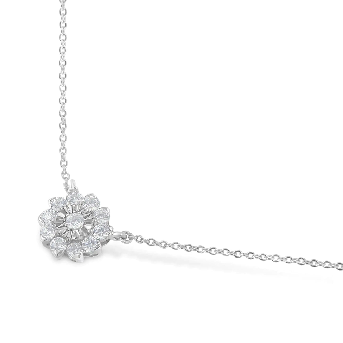 .925 Sterling Silver 1/2 Cttw Diamond Miracle Set Flower Cluster Pendant Necklace with Cable Chain - 18”