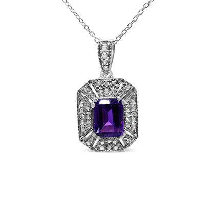 .925 Sterling Silver Purple Amethyst and Diamond Accent Art Deco Style 18" Pendant Necklace.