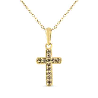 10K Yellow Gold Flashed .925 Sterling Silver 1/4 Cttw Champagne Diamond Cross Pendant Necklace - 18"