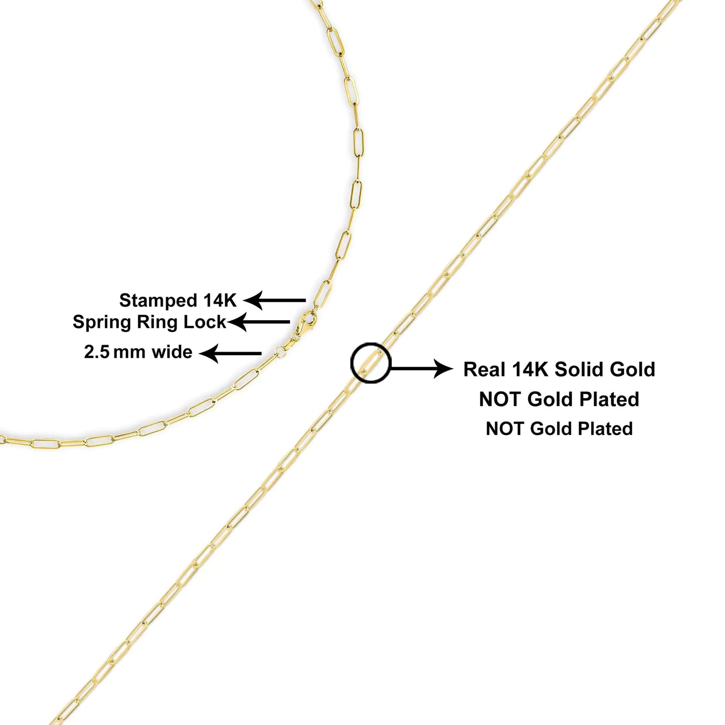 Men Solid 14K Gold 2.5mm Paperclip Chain Necklace