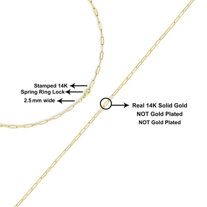 Men Solid 14K Gold 2.5mm Paperclip Chain Necklace