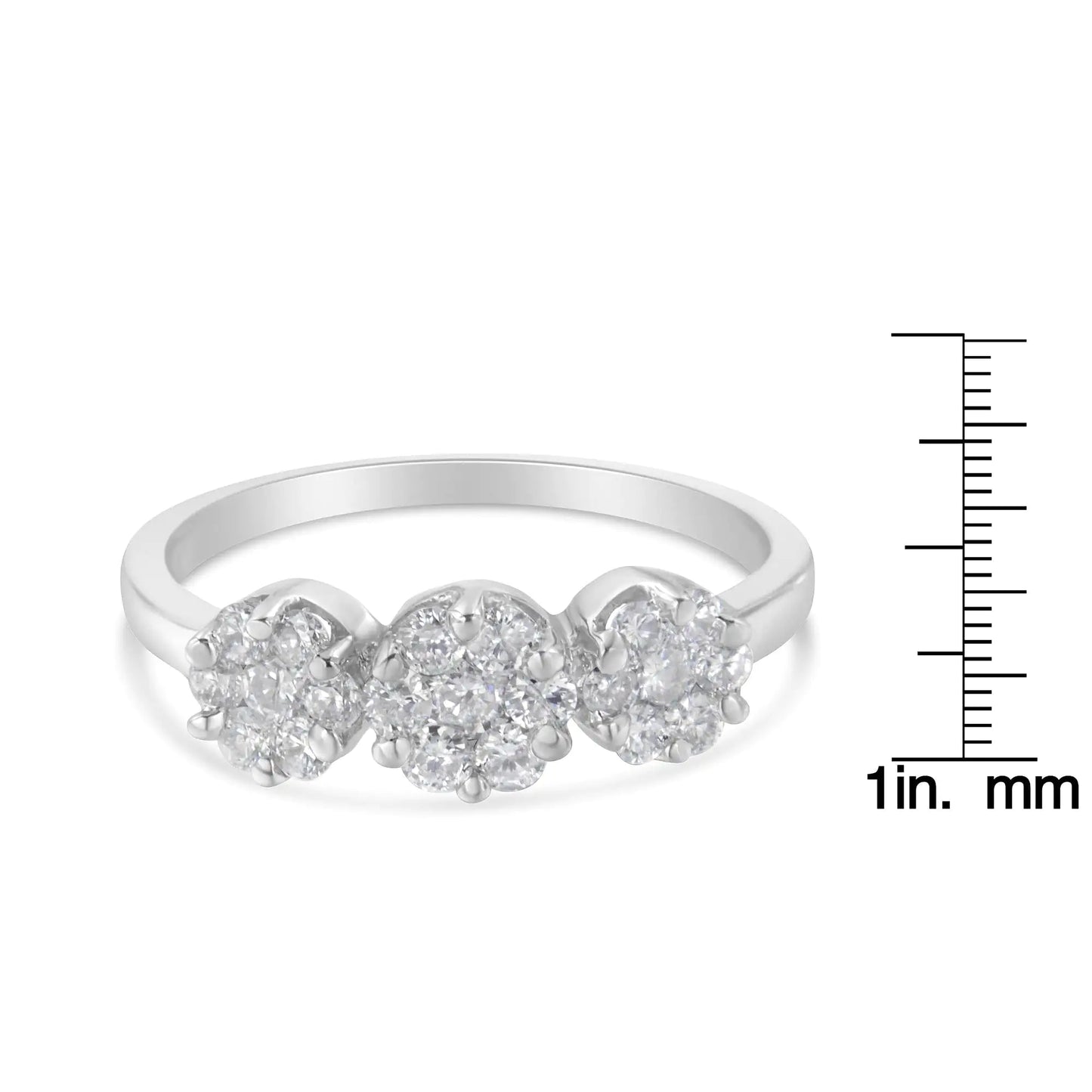 14K White Gold Three-Stone Cluster Diamond Ring 0.7 Cttw for Women