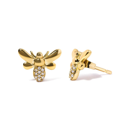 10K Yellow Gold Diamond Accented Bumble Bee Stud Earring.