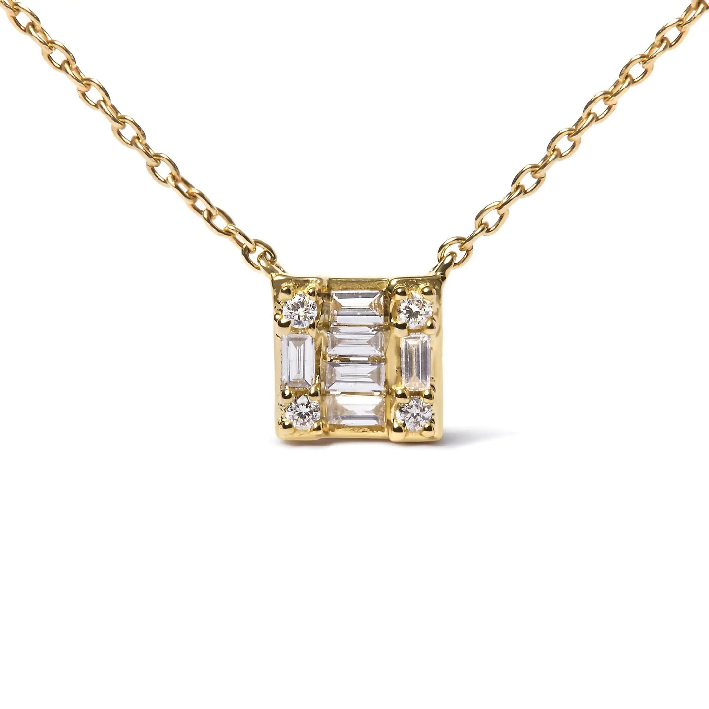 10K Yellow Gold 1/10 Cttw Round and Baguette Diamond Mosaic Composite Square 18" Inch Pendant Necklace.