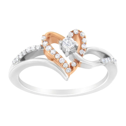 10K Rose Gold Plated .925 Sterling Silver 1/5 Cttw Diamond Two Tone Open Heart Promise or Fashion Ring (I-J Color, I2-I3 Clarity)