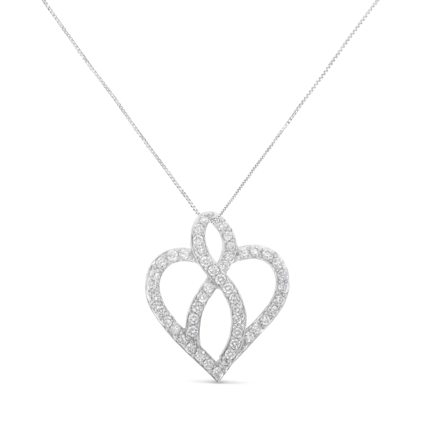 14KT White Gold 1 cttw Diamond Heart Ribbon Pendant Necklace.