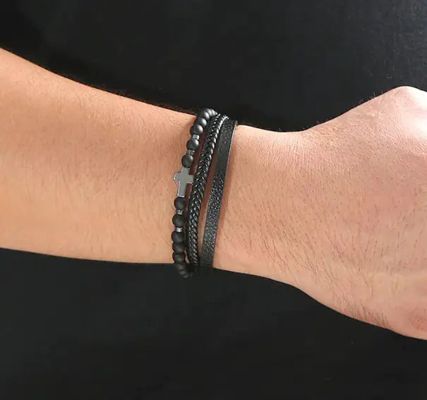 Men Cross Leather  Bracelet