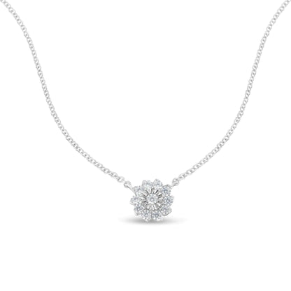 .925 Sterling Silver 1/2 Cttw Diamond Miracle Set Flower Cluster Pendant Necklace with Cable Chain - 18”