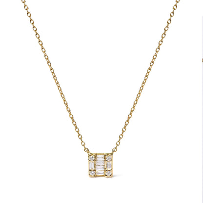 10K Yellow Gold 1/10 Cttw Round and Baguette Diamond Mosaic Composite Square 18" Inch Pendant Necklace.